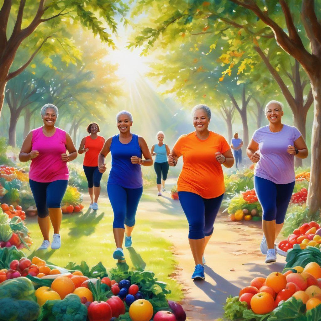 A vibrant and uplifting scene showcasing a diverse group of cancer survivors engaged in various fitness activities, surrounded by colorful fruits and vegetables symbolizing nutrition. In the background, soft sunlight streams through trees, representing mental wellness and hope. Include expressions of joy and camaraderie among the individuals. Enhance with bright colors and a natural, serene atmosphere. painting. vibrant colors.
