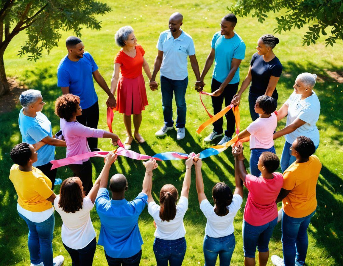 A diverse group of people coming together in a supportive circle, holding hands, with vibrant cancer awareness ribbons in the background. Include elements like resource pamphlets and advocacy signs to symbolize hope and resilience. The setting should be a park with blooming flowers and sunlight filtering through the trees to enhance the sense of community. super-realistic. vibrant colors. warm lighting.